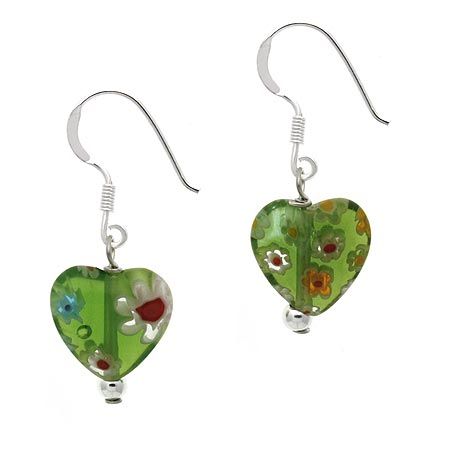 Sterling Silver .925 Murano Glass Green Bead Millefiori Heart Dangle Earrings - Grocery