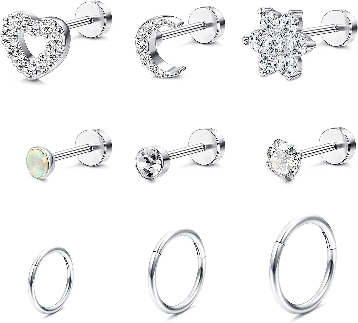 9Pcs Stainless Helix Cartilage Tragus Stud Earring Hoops for Women Grils CZ Barbell Piercing Earrings Stud Piercing - Grocery