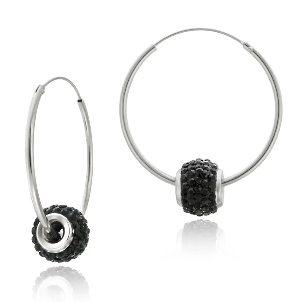 Sterling Silver Black Crystal Fireball Hoop Earrings - Grocery