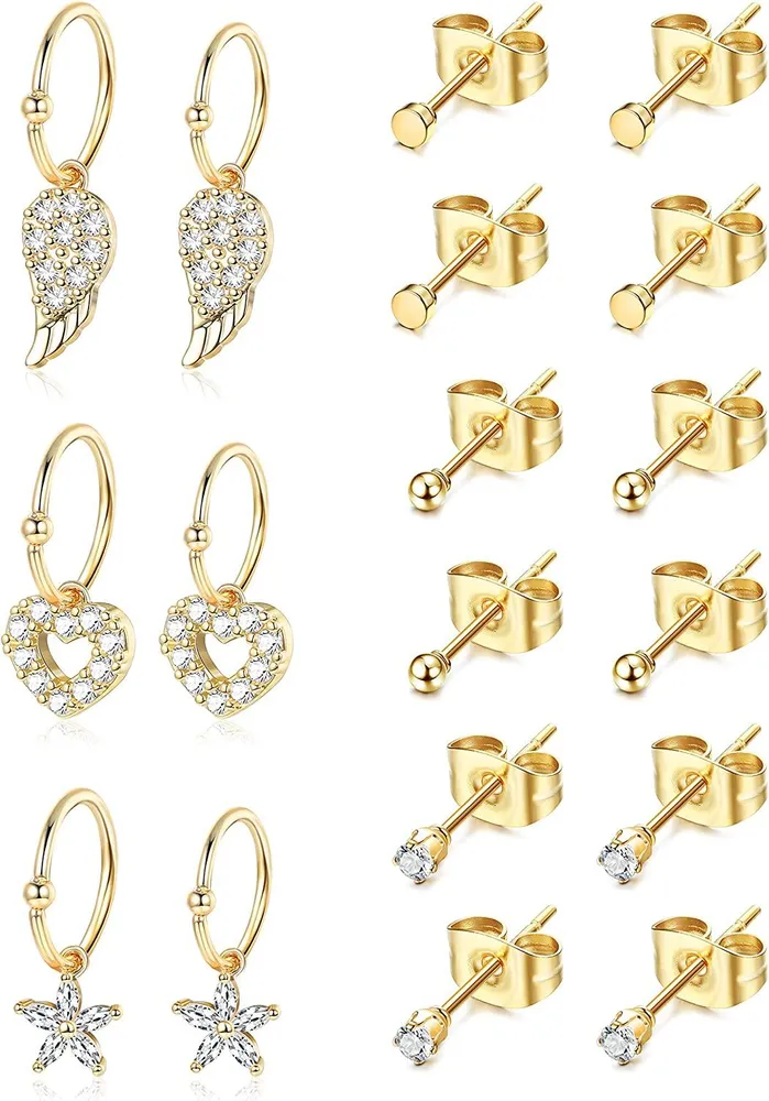 18Pcs 16-20G Feather Heart Flower Hoop Cartilage Earring for Women Men 316L Stainless Tiny CZ Ball Stud Earrings - Grocery