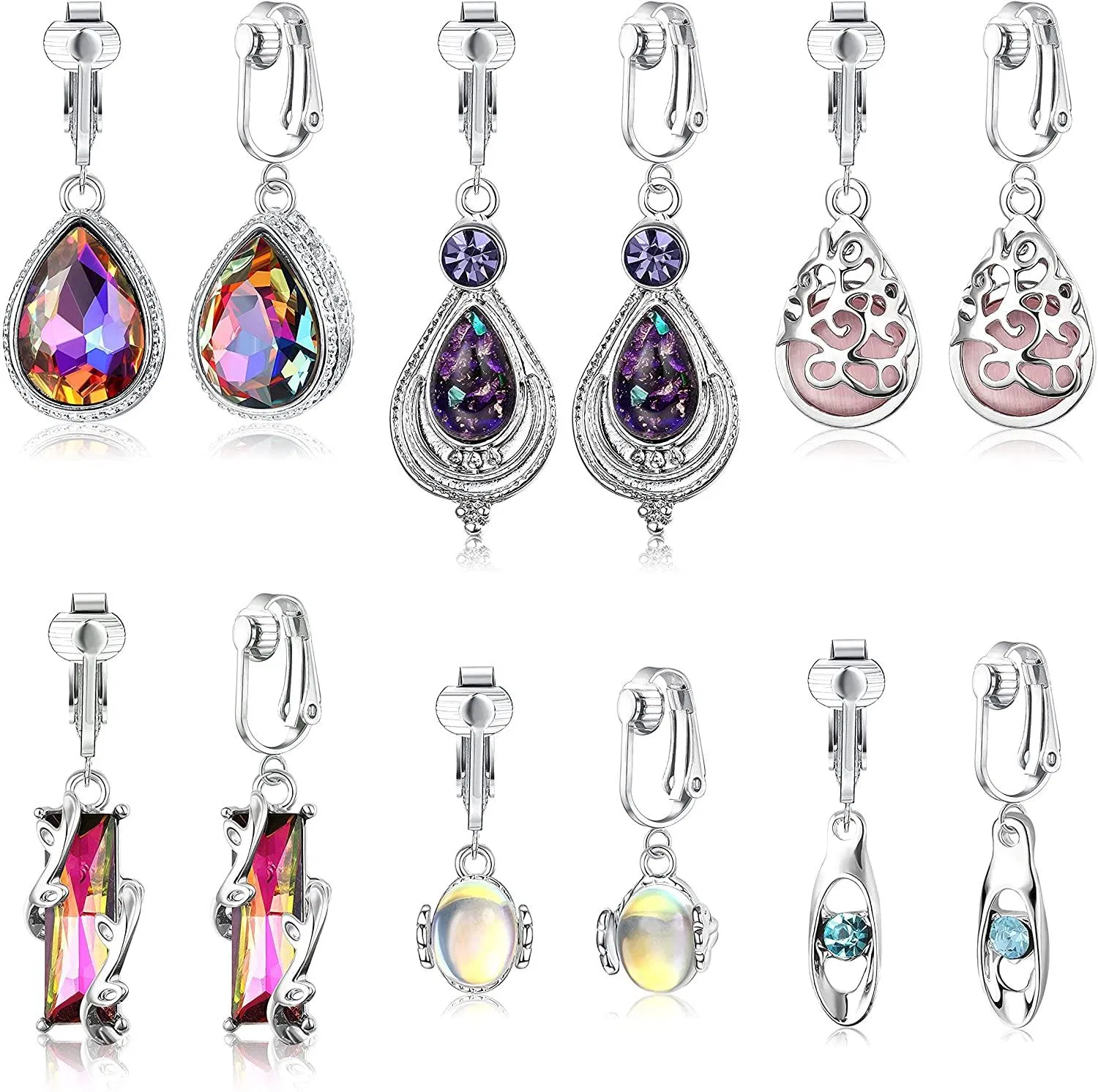 6 Pairs Teardrop Crystal Drop Dangle Earrings Set for Women Clip on Earrings Multicolor Boho Moonstone Cubic Zirconia Rhinestone Colorful Jewelry - Grocery