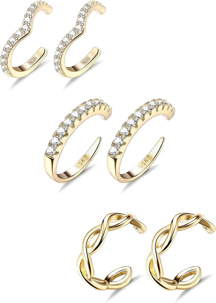 3 Pairs Sterling Silver Cuffs Earrings for Women Adjustable Cubic Zirconia Ear Cuffs Round Half Huggie Hoop Earrings Non Pierced Cartilage Tragus Set - Grocery