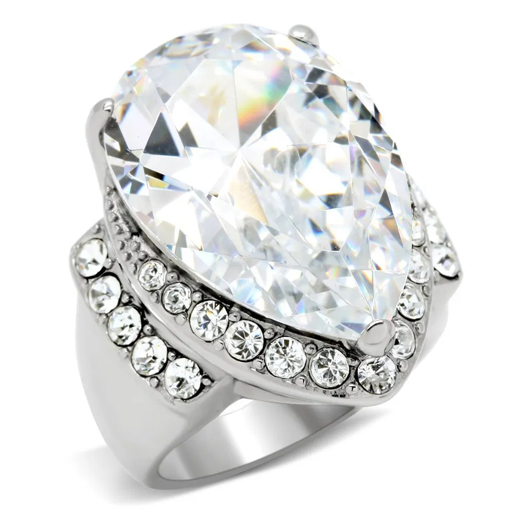 TK184 - High polished (no plating) Stainless Steel Ring with AAA Grade CZ in Clear - Grocery