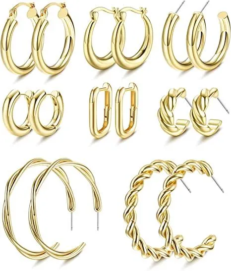 8 Pairs 14K Gold Plated Chunky Hoop Earrings Set for Women Thick Open Twisted Small/Big Round Huggie Hoop Earrings Click-Top Ear Set - Grocery