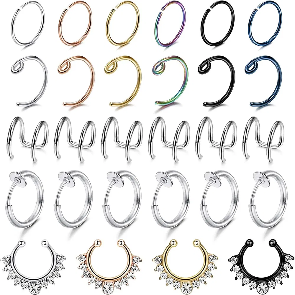 28Pcs 20G Stainless Steel Fake Septum Ring Nose Hoop Ring Faux Lip Ear Non-Pierced Clip On Piercing Jewelry - Grocery