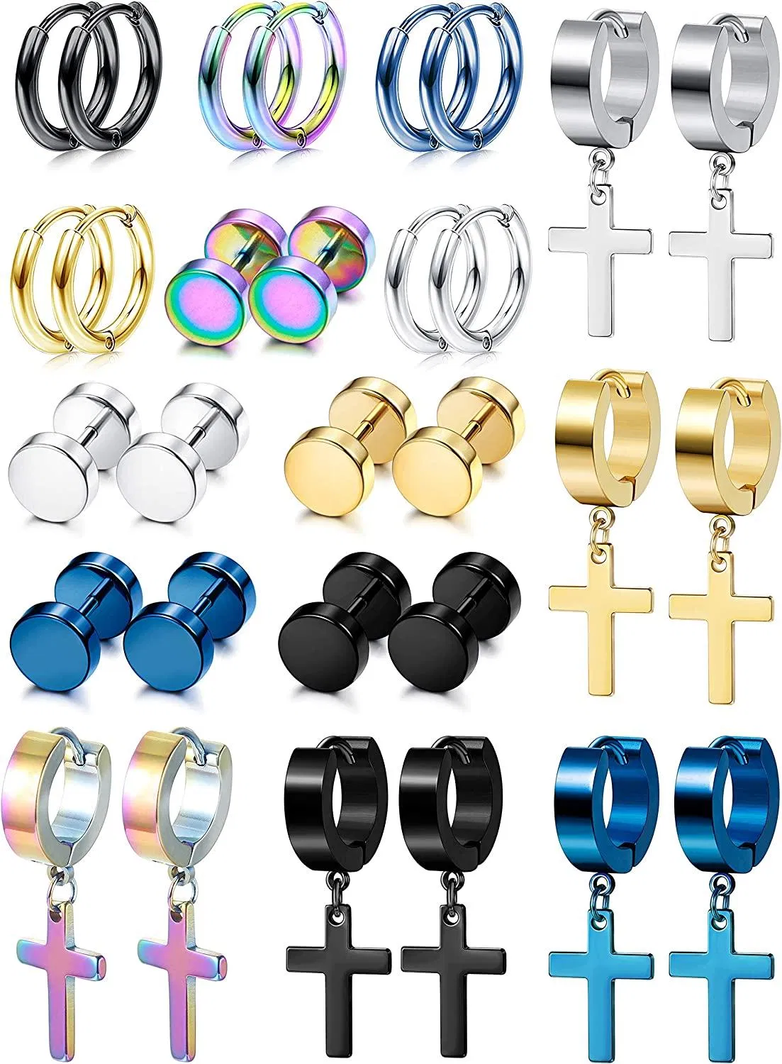 15 Pairs Stud Earrings Hoop Earrings Set for Men Stainless Steel Huggie Unisex Ear Jewelry Hypoallergenic - Grocery