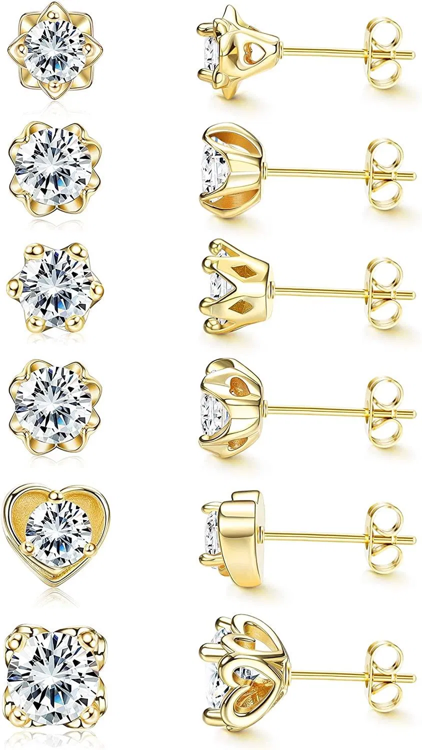 6 Pairs Cubic Zirconia Stud Earrings Set for Women Hypoallergenic Multi Piercing Ears Flower Crown Love CZ Earrings 8mm - Grocery