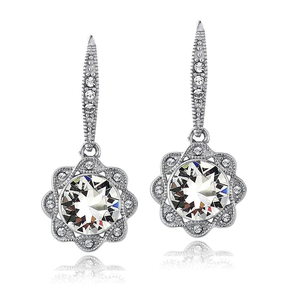 Silver Tone Clear Swarovski Elements Halo Dangle Flower Leverback Earrings - Grocery