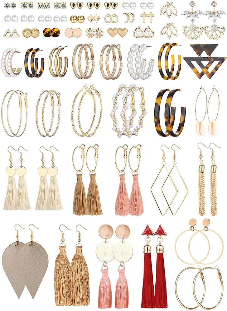 54 Pairs Fashion Colorful Earrings Set for Women Ball Crystal Earrings Jacket Geometric Stud Leather Drop Earrings Tassel Dangle Earrings Pack Bohemian - Grocery