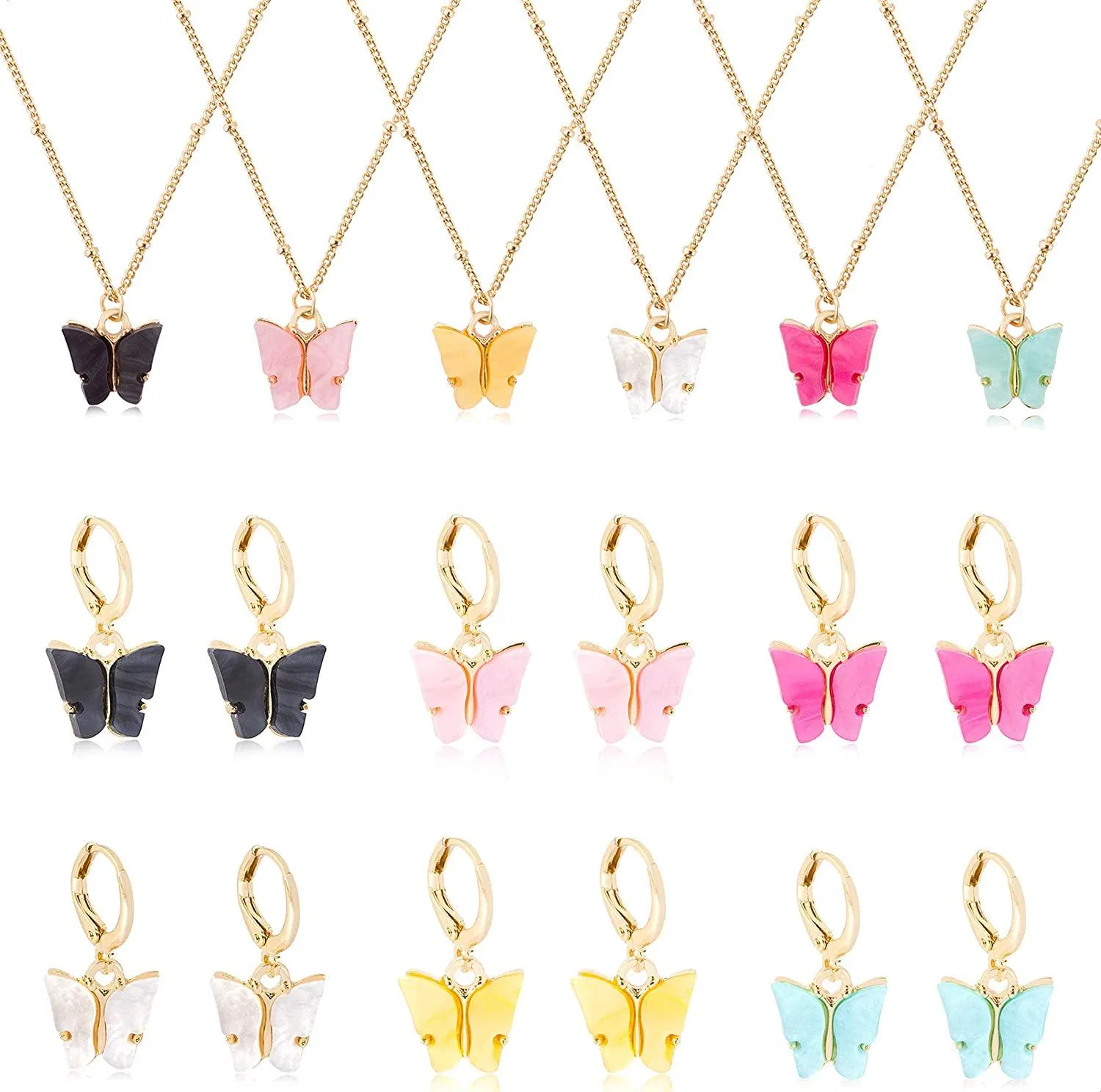 6 Pairs Butterfly Earrings 6 Pcs Necklace Set for Women Colorful Acrylic Drop Earrings Cute Pendant Necklace Set - Grocery