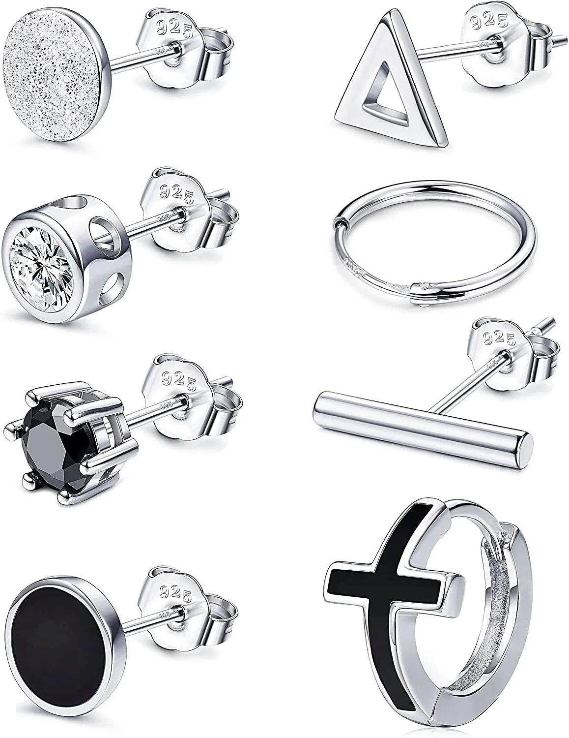 8Pcs 925 Sterling Silver Assorted Stud Earrings For Women Men Small Single CZ Bar Stud Earrings Black Cross Hoop Cartilage Earrings Set - Grocery