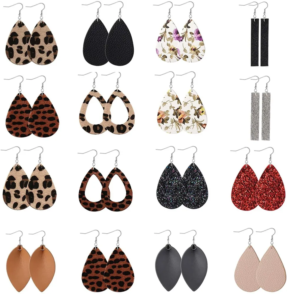 16 Pairs Leather Teardrop Dangle Earrings For Women Petal Leopard Print Leaf Drop Antique Lightweight Earrings - Grocery