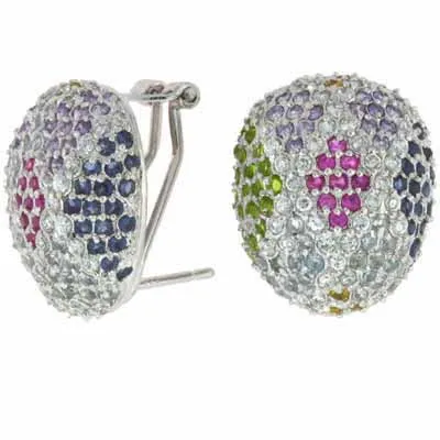 Sterling Silver Multi-Color CZ Argyle Design Oval Earrings - Grocery