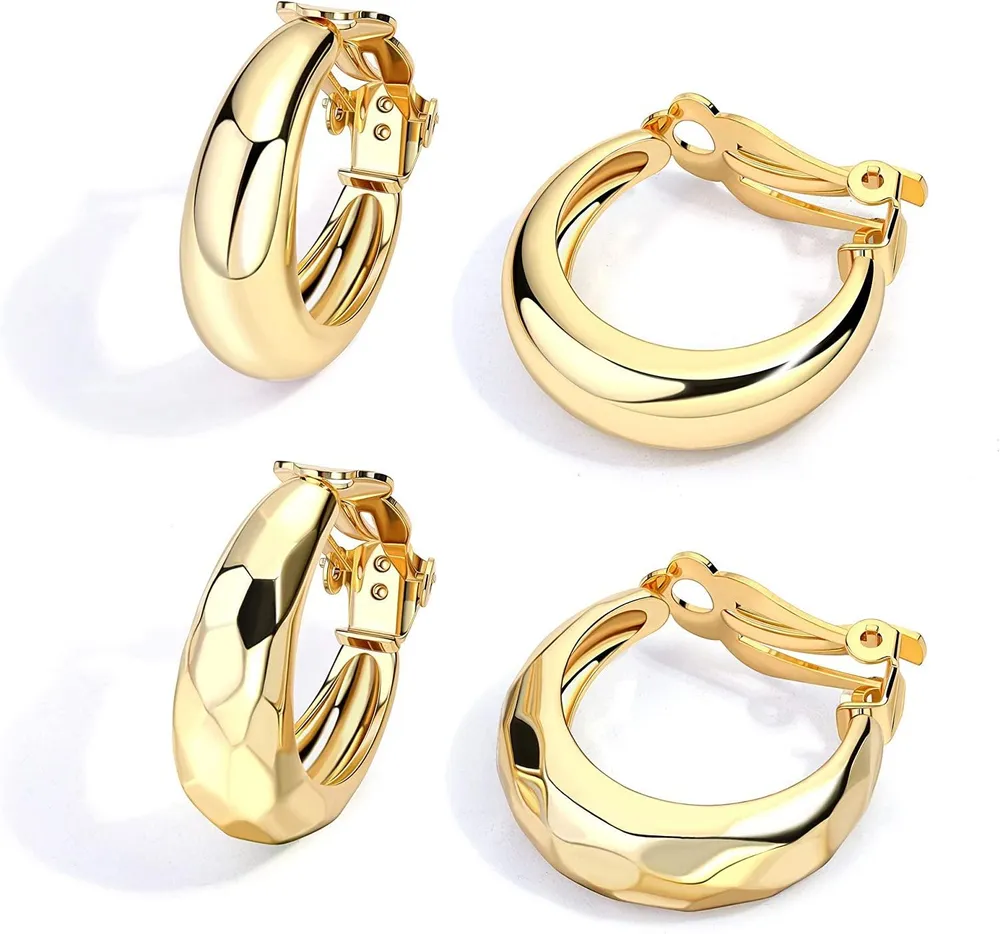 2 Pairs Geometric Chunky Hoop Clip Earrings for Women Fashion Non Pierced Clip On Earrings Jewelry - Grocery