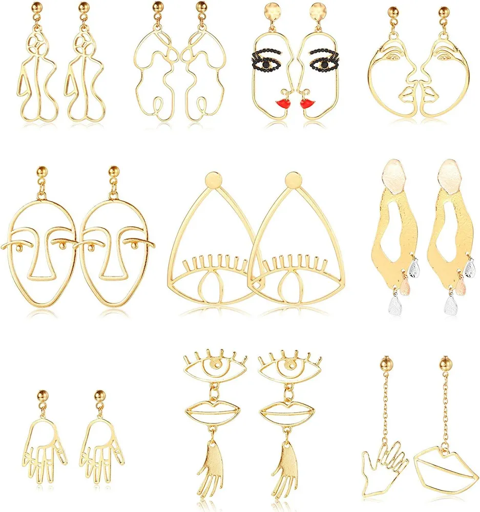 10 Pairs Abstract Face Earrings for Women Unique Eyes Lips Hollow Hand Face Outline Earrings Funky Statement Silver Gold Face Drop Dangle Earrings Set - Grocery