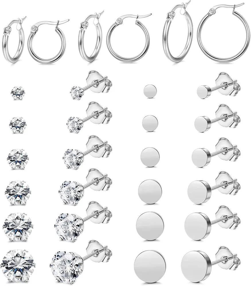 15pairs Stud Earrings for Women Hoop Earrings Stainless Flat Ball Fake Pearl CZ Earring Set 3-8mm; Sliver Tone - Grocery