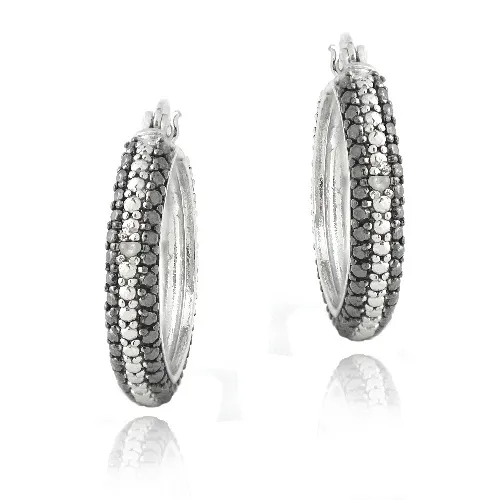 Silver Tone Diamond Accent Black & White Striped Hoop Earrings - Grocery