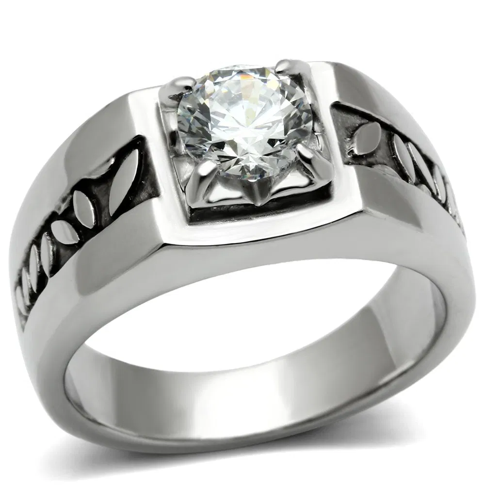 TK356 - High polished (no plating) Stainless Steel Ring with AAA Grade CZ in Clear - Grocery