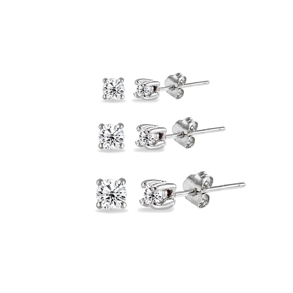 3 Pair Set Round Cubic Zirconia Stud Earrings in 925 Silver, 2mm 3mm 4mm - Grocery