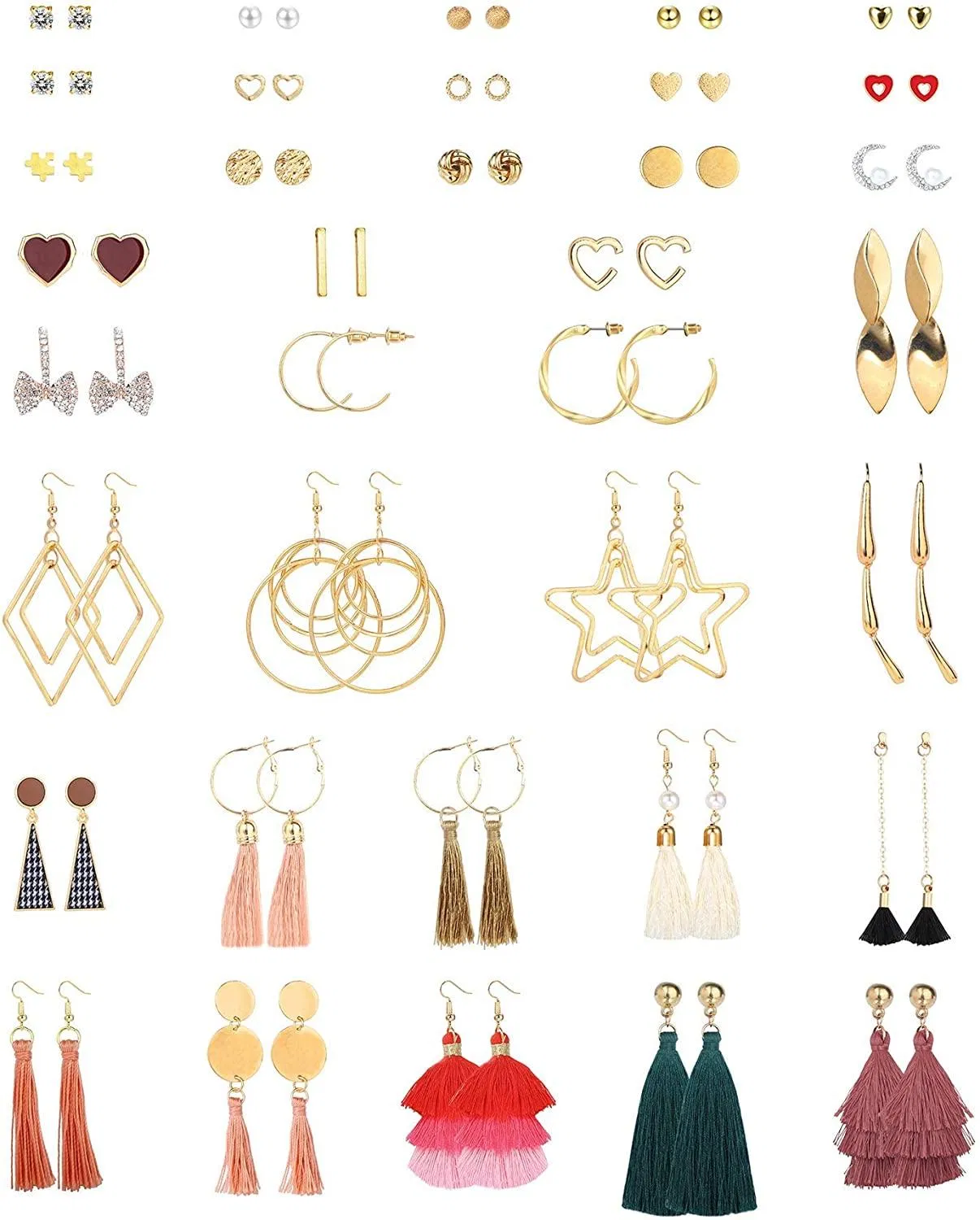 36 Pairs Fashion Earrings Set for Women Colorful Tassel Earrings Layered Long Dangle Earrings Cute Heart CZ Stud Earrings Geometric Earrings - Grocery