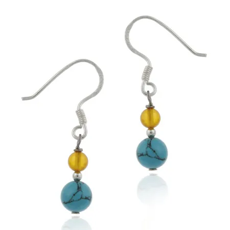 Sterling Silver Turquoise & Amber Beads Dangle Earrings - Grocery