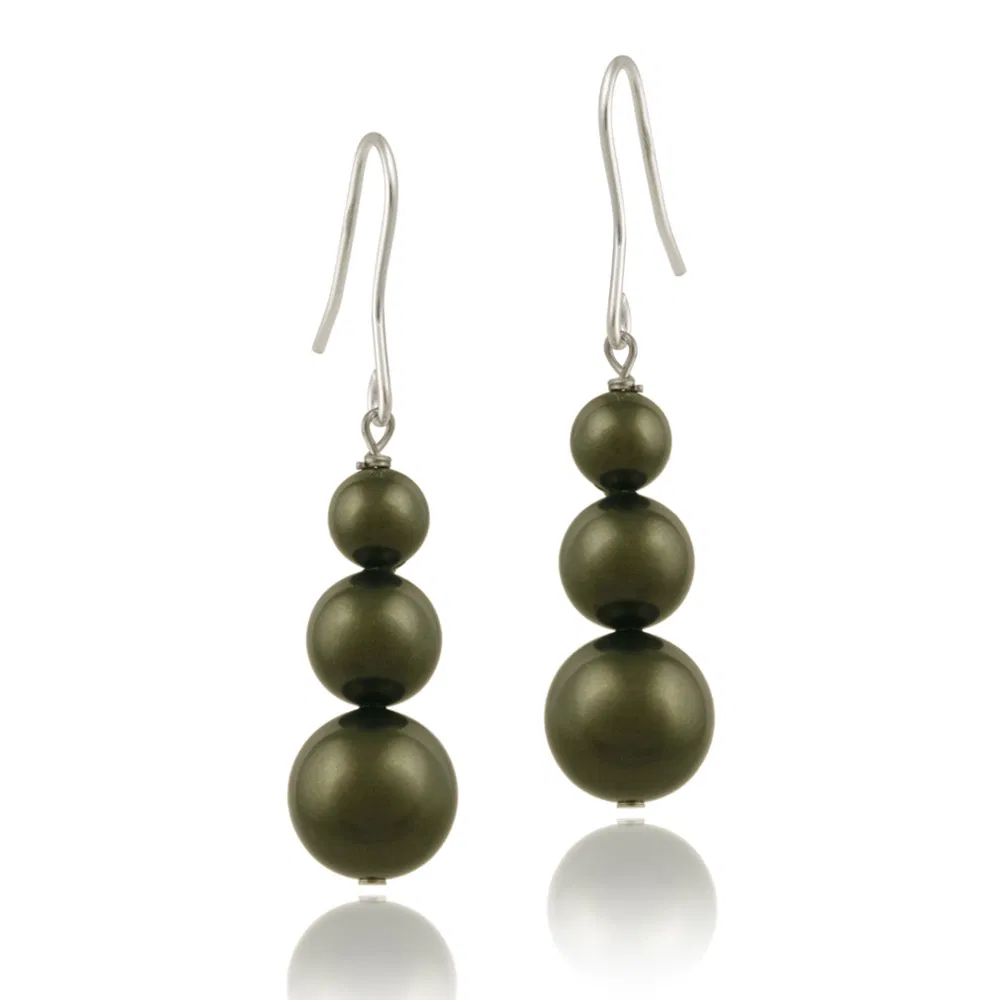 Sterling Silver Dark Green Swarovski Elements Pearl Drop Earrings - Grocery