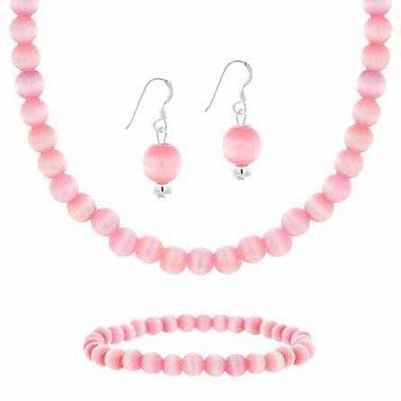 Sterling Silver 6mm Simulated Pink Cats Eye Stone Bead Beaded Dangle Hook Earrings Stretch Bracelet Necklace 15-19