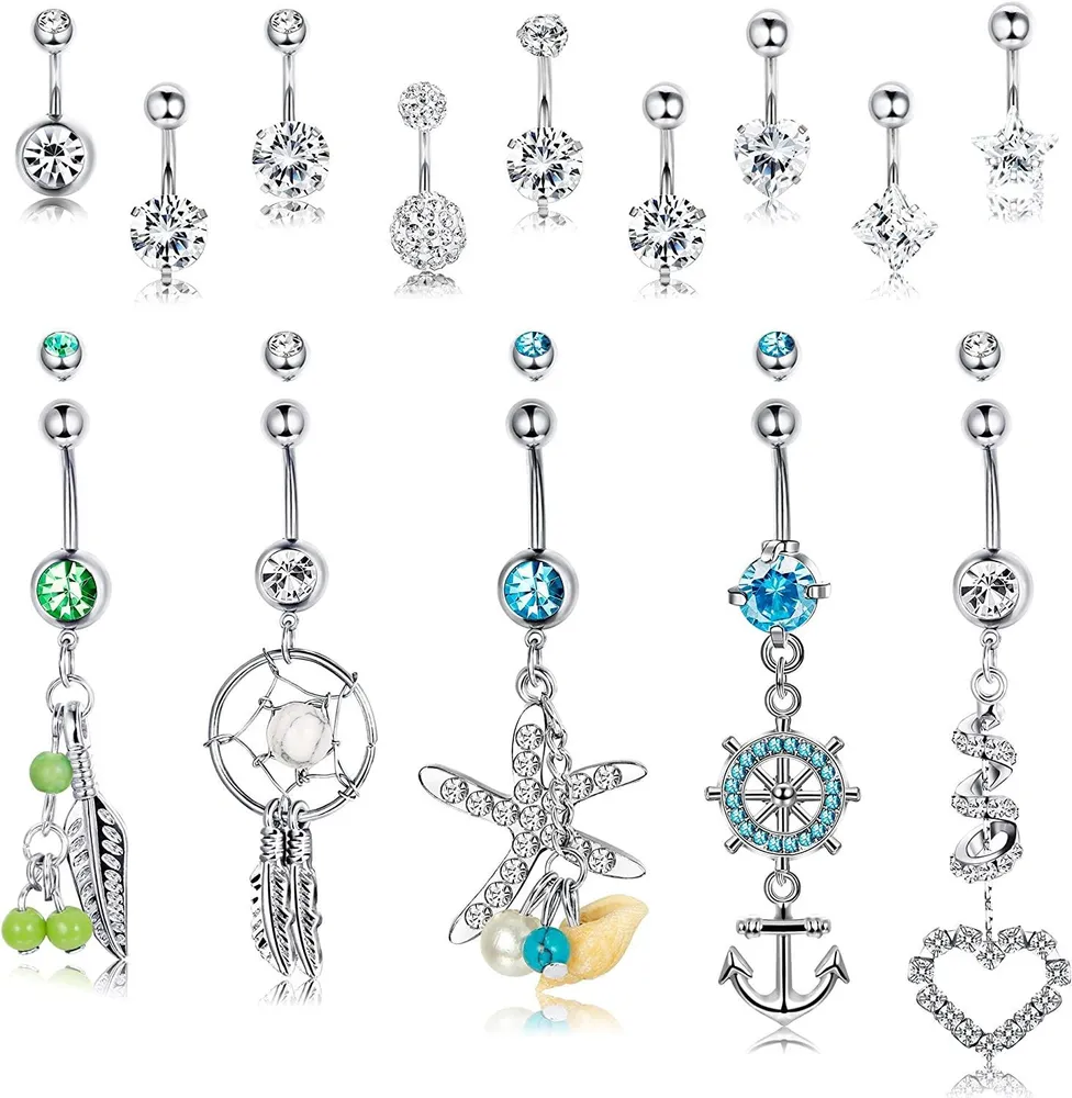14Pcs 14G Belly Button Ring Stainless Dangle Navel Rings Clear CZ Inlay Barbell Body Piercing Jewelry - Grocery