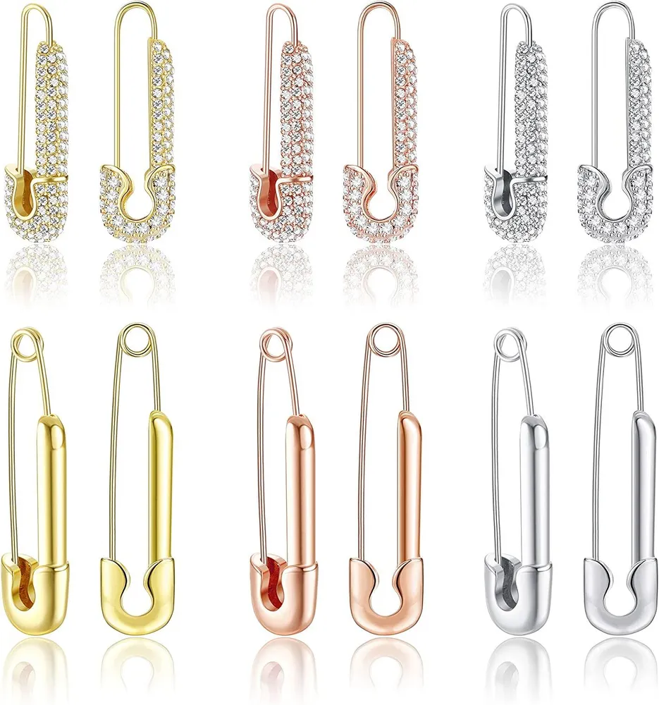 6 Pairs Safety Pin Earrings for Women Men Gold Plated Paper Clip Earrings Cubic Zirconia Statement Minimalist Earrings Set Fashion Jewelry - Grocery