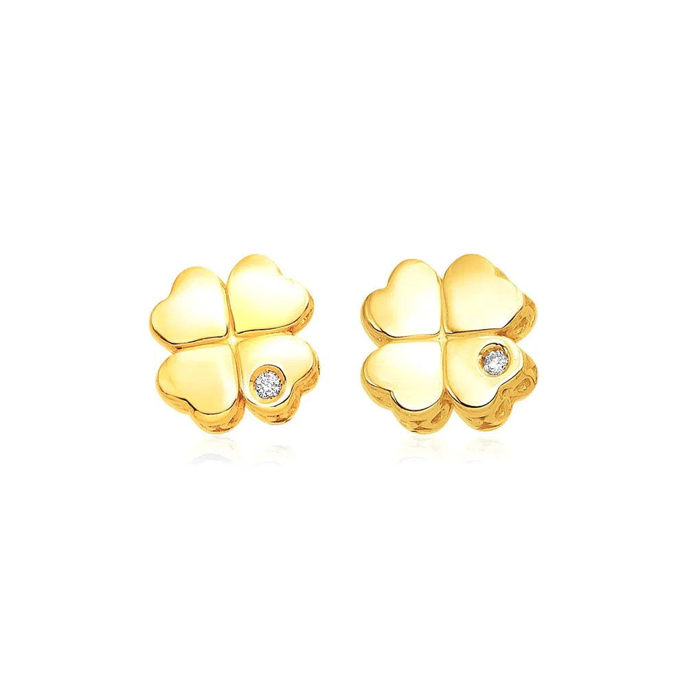 14k Yellow Gold Polished Four Leaf Clover Earrings with Diamonds(7mm) - Grocery