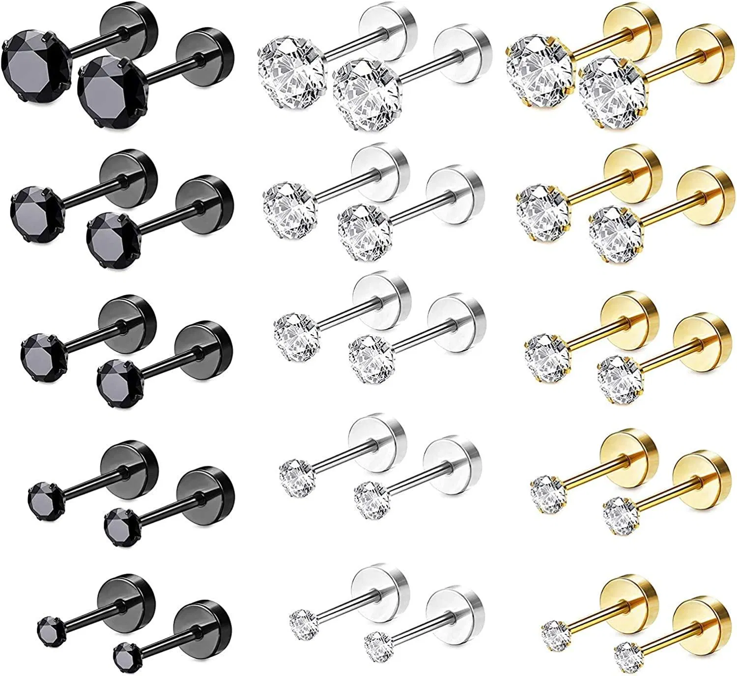 15 Pairs Stainless CZ Stud Earrings Screw Flat Back Barbell Cartilage Piercing Earrings for Women Men - Grocery