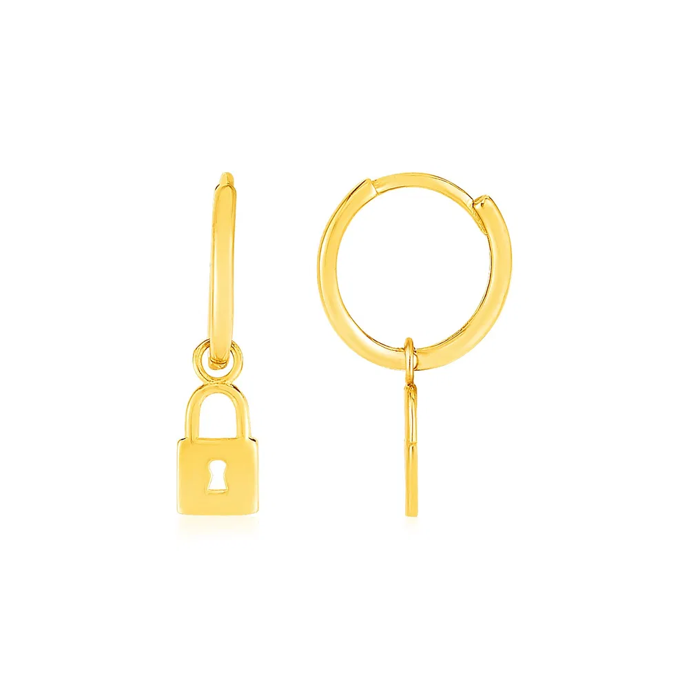 14k Yellow Gold Huggie Style Hoop Earrings with Padlock Drops - Grocery