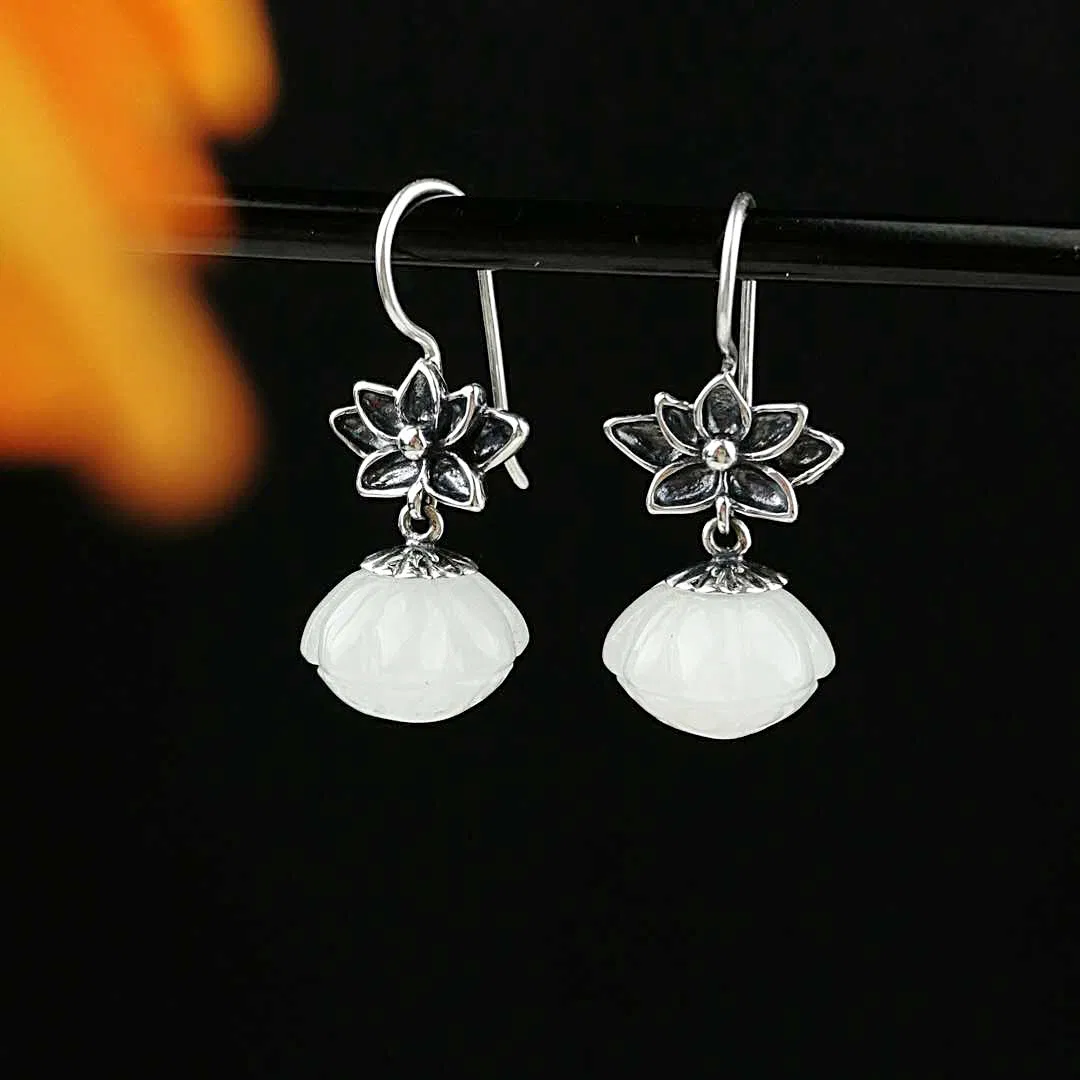 S925 Silver Earrings White Marble Pendant Classical Temperament Earrings - Grocery