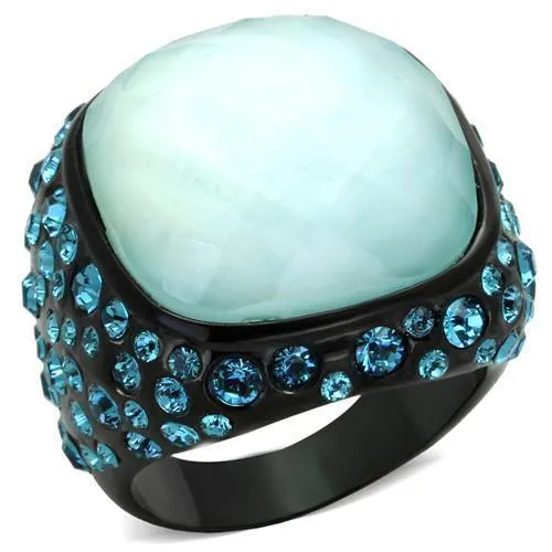 TK1617 - IP Black(Ion Plating) Stainless Steel Ring with Synthetic Synthetic Glass in Sea Blue - Grocery