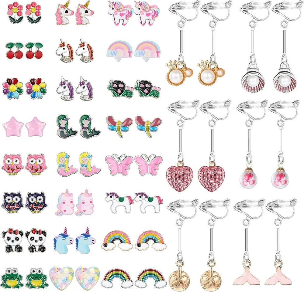 30 Pairs Clip On Earrings for Women Teen Cute Animal Unicorn Flower Butterfly Rainbow Clip On Earrings Set for Non Pierced Ears - Grocery