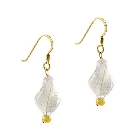 18K Gold over Stelring Silver White Twist Foil Glass Dangle Earrings - Grocery
