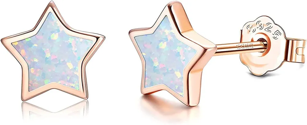 925 Sterling Silver Opal Earrings for Women 18K Gold Plated Minimalist Created Blue Pink White Fire Opal Moon Star Stud Earrings - Grocery
