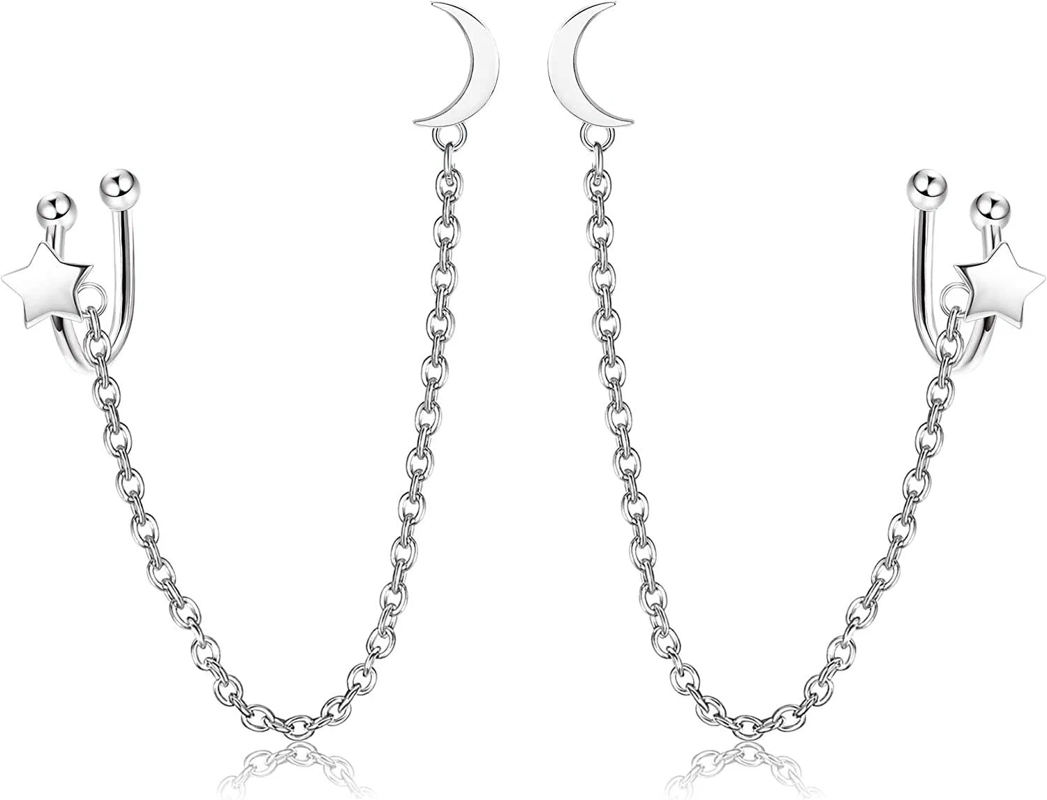 925 Sterling Silver Cuff Earrings Chain Studs for Women Heart/Cubic Zirconia/Moon Star Wrap Crawler Stud Earrings Cartilage Hypoallergenic Earrings - Grocery