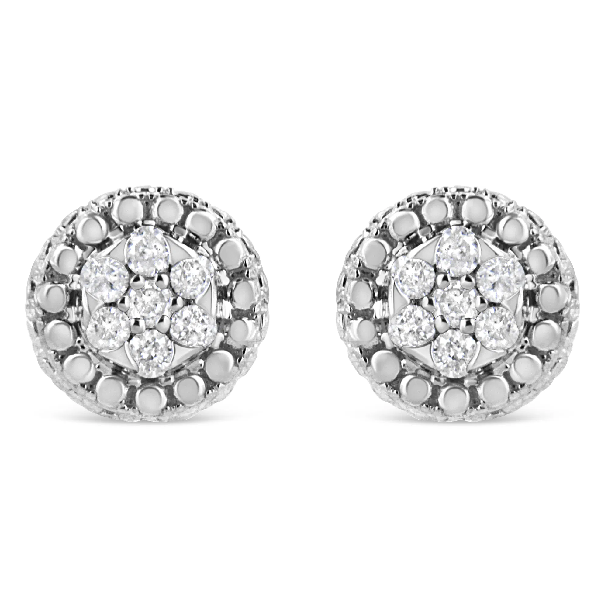 .925 Sterling Silver 1/3 Cttw 7 Stone Pave Set Diamond Beaded Stud Earrings (I-J Color, I2-I3 Clarity) - Grocery