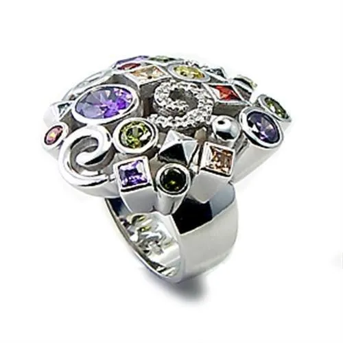 6X051 - Rhodium Brass Ring with AAA Grade CZ in Multi Color - Grocery