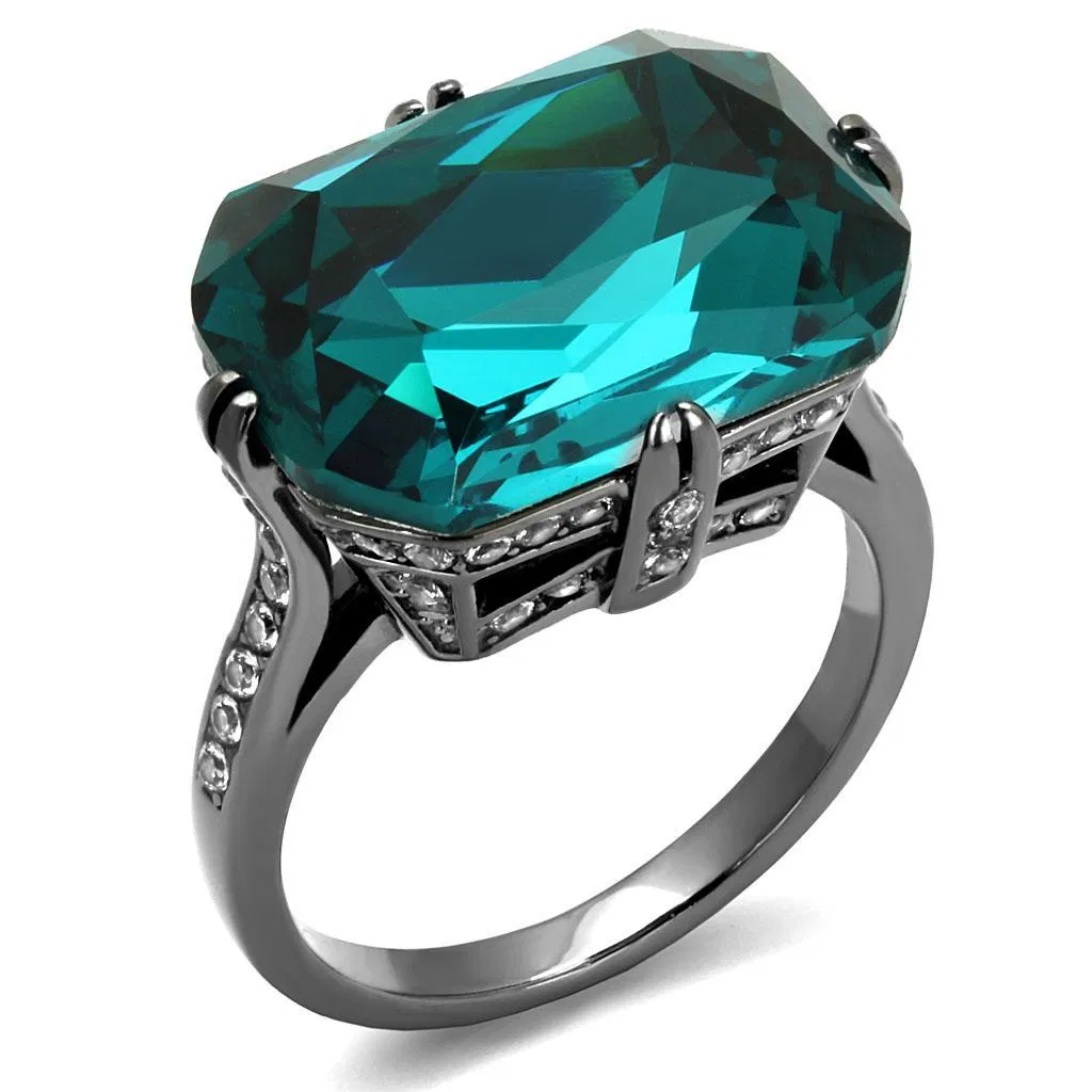 TK2998 - IP Light Black (IP Gun) Stainless Steel Ring with Top Grade Crystal in Blue Zircon - Grocery