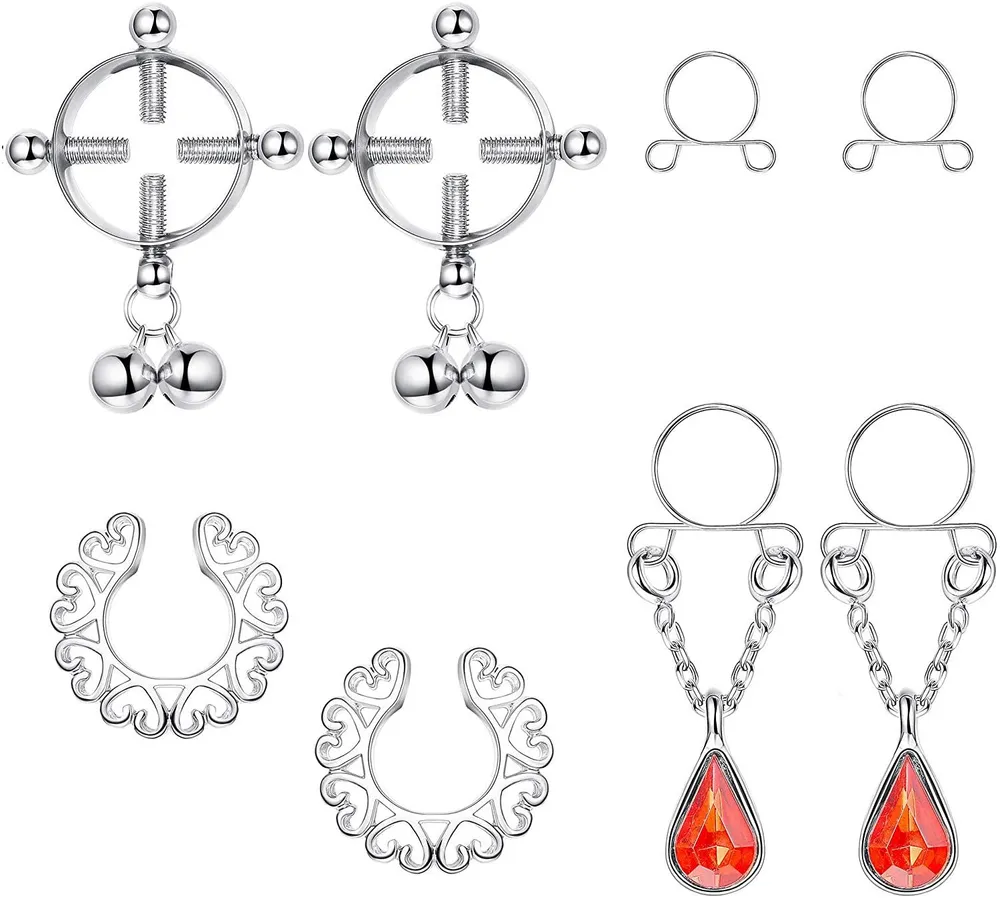 4Pairs Stainless Steel Fake Nipple Rings for Women Non-Piercing Dangle Nipplerings Faux Body Piercing Jewelry - Grocery