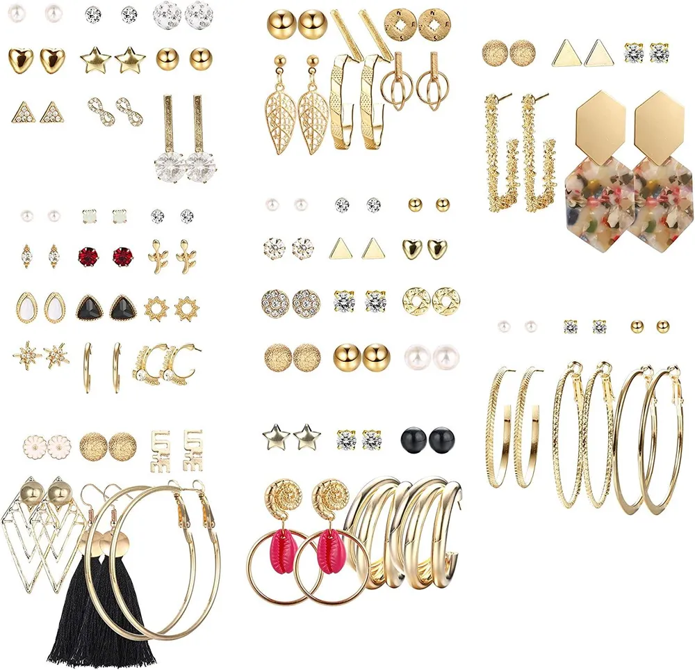 Assorted Multiple Stud Earrings for Women Simple Cute Flower Big Hoop Earrings Moon Geometric Leaf Arrow Bow CZ Ball Heart Faux Pearl Earrings Set - Grocery