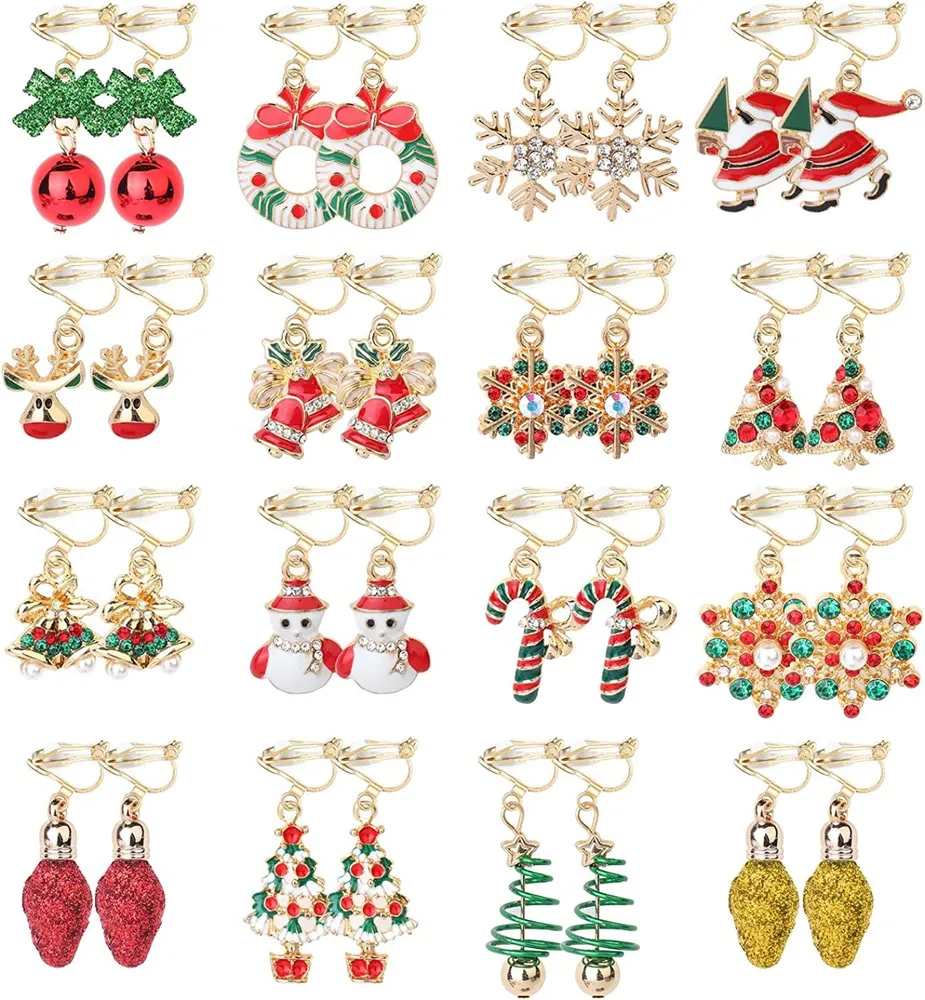 16 Pairs Christmas Assorted Clip on Earrings for Women Xmas Tree Bell Santa Elk Snowflake Drop Dangle Earrings Set - Grocery
