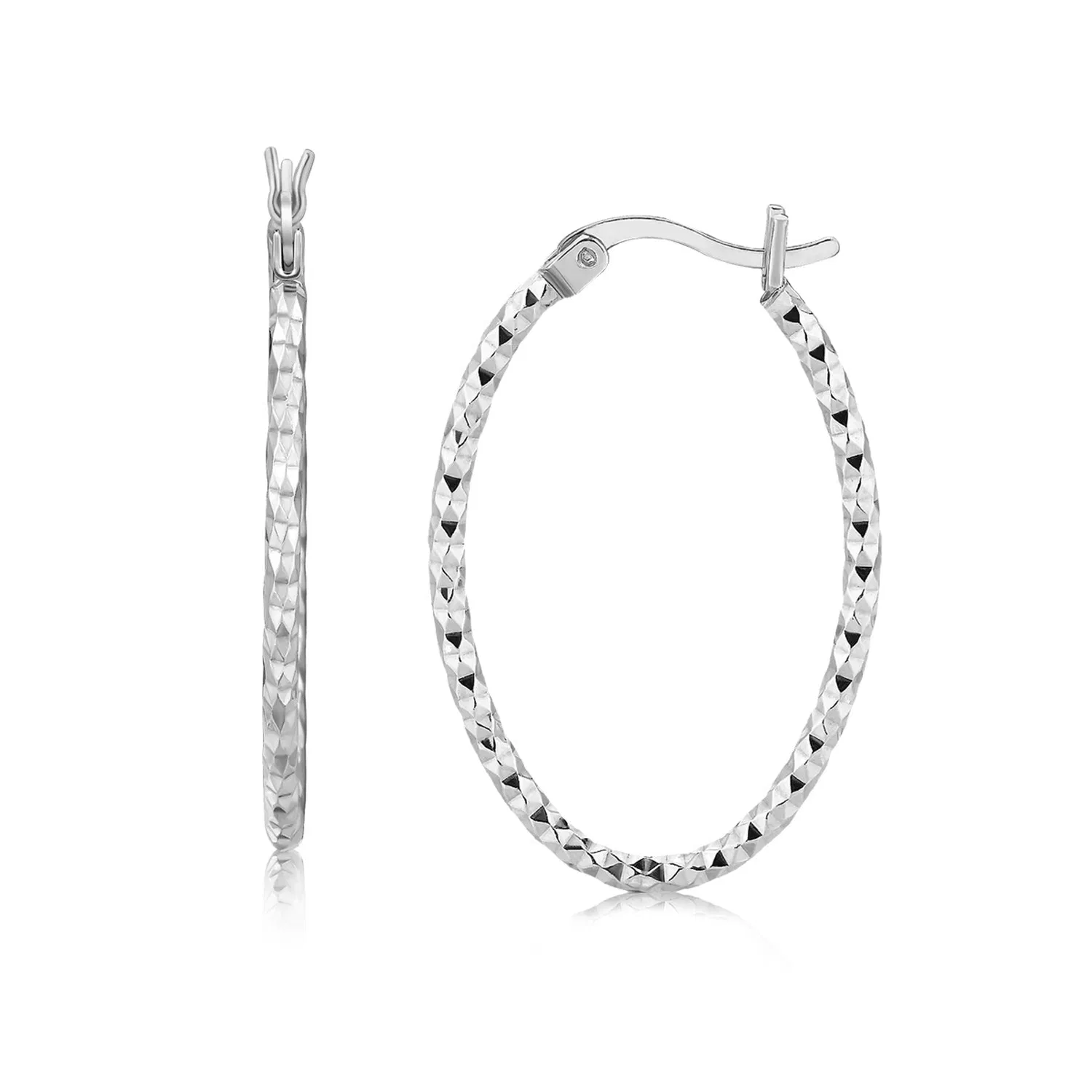 Sterling Silver Rhodium Plated Textured Diamond Cut Classic Hoop Earrings(2x25mm) - Grocery