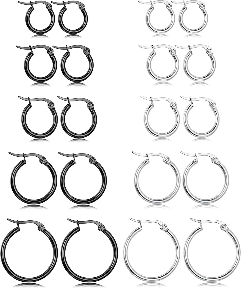 10 Pairs Stainless Small Hoop Earrings Clasp Gold Plated Hoop Rounded Earrings Set for Women Men Nickel Free - Grocery