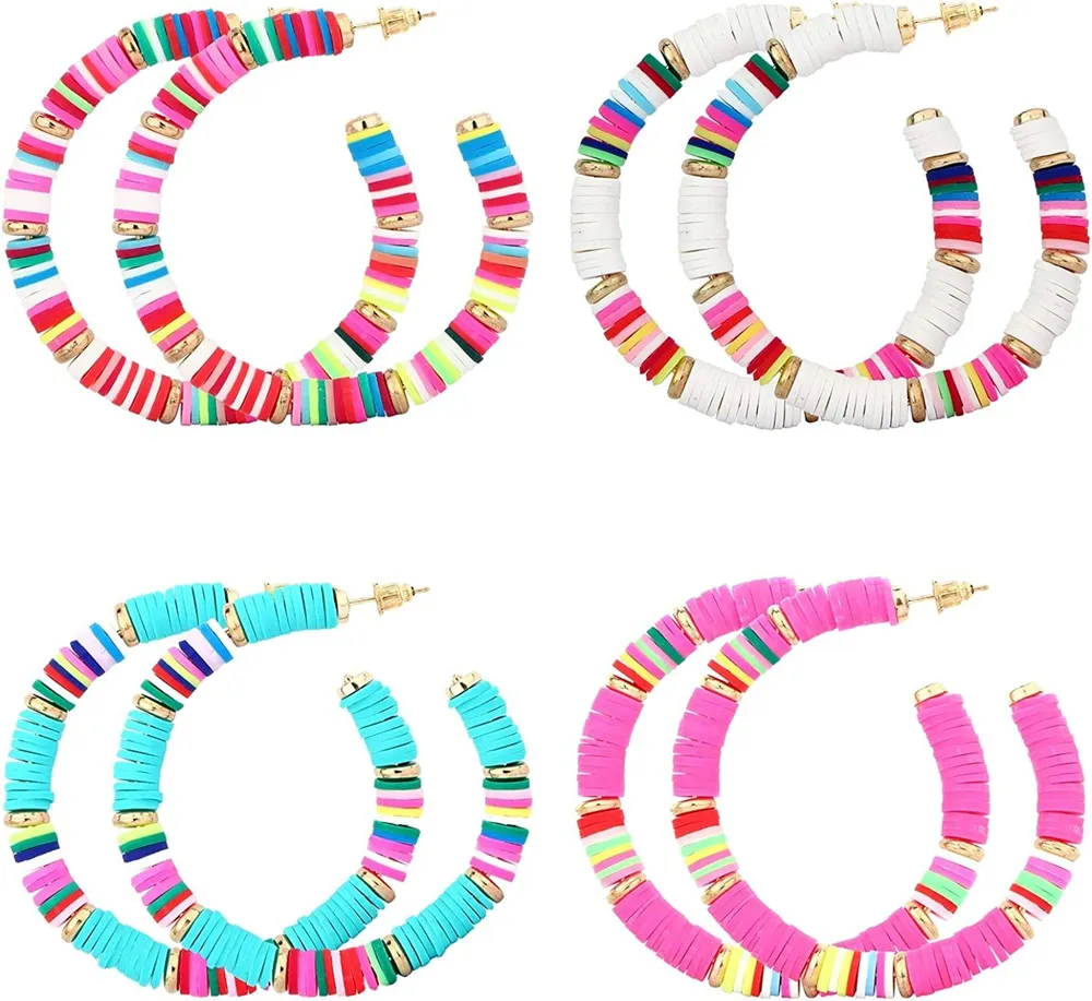 4 Pairs Surfer Heishi Hoop Earrings for Women Bohemian Rainbow African Vinyl Disc Beaded Earrings Large Open Hoop Drop Earring Set Beach Jewelry - Grocery