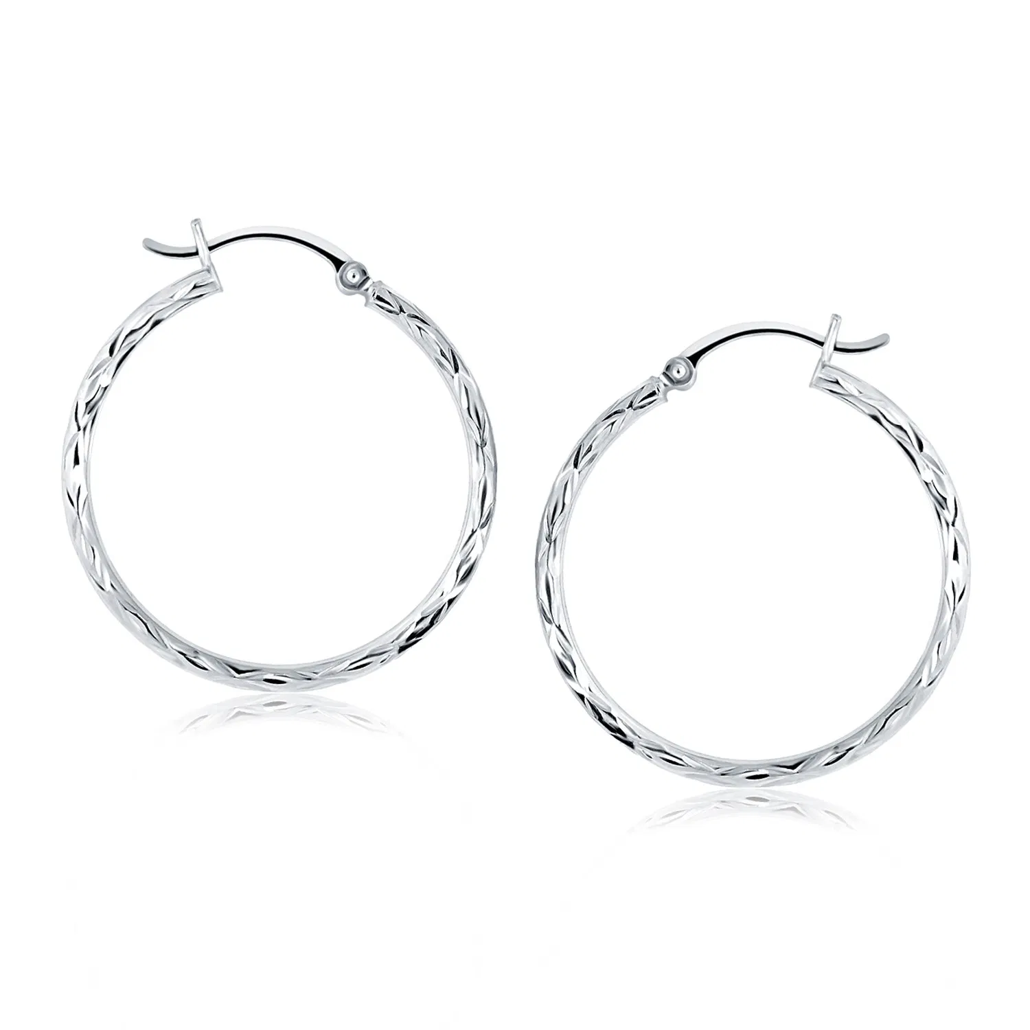 14k White Gold Diamond Cut Hoop Earrings(2x30mm) - Grocery