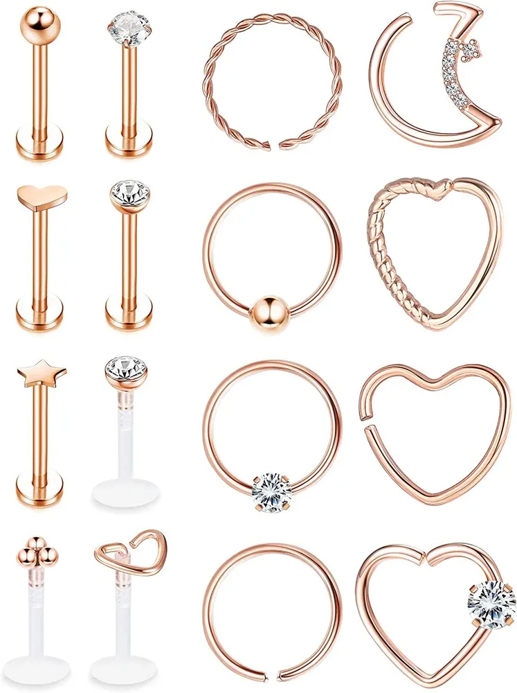 16 Pcs Daith Cartilage Earrings for Women Stainless Tragus Helix Piercing Stud Septum Labret Monroe Lip Fake Nose Rings 16G 20G - Grocery