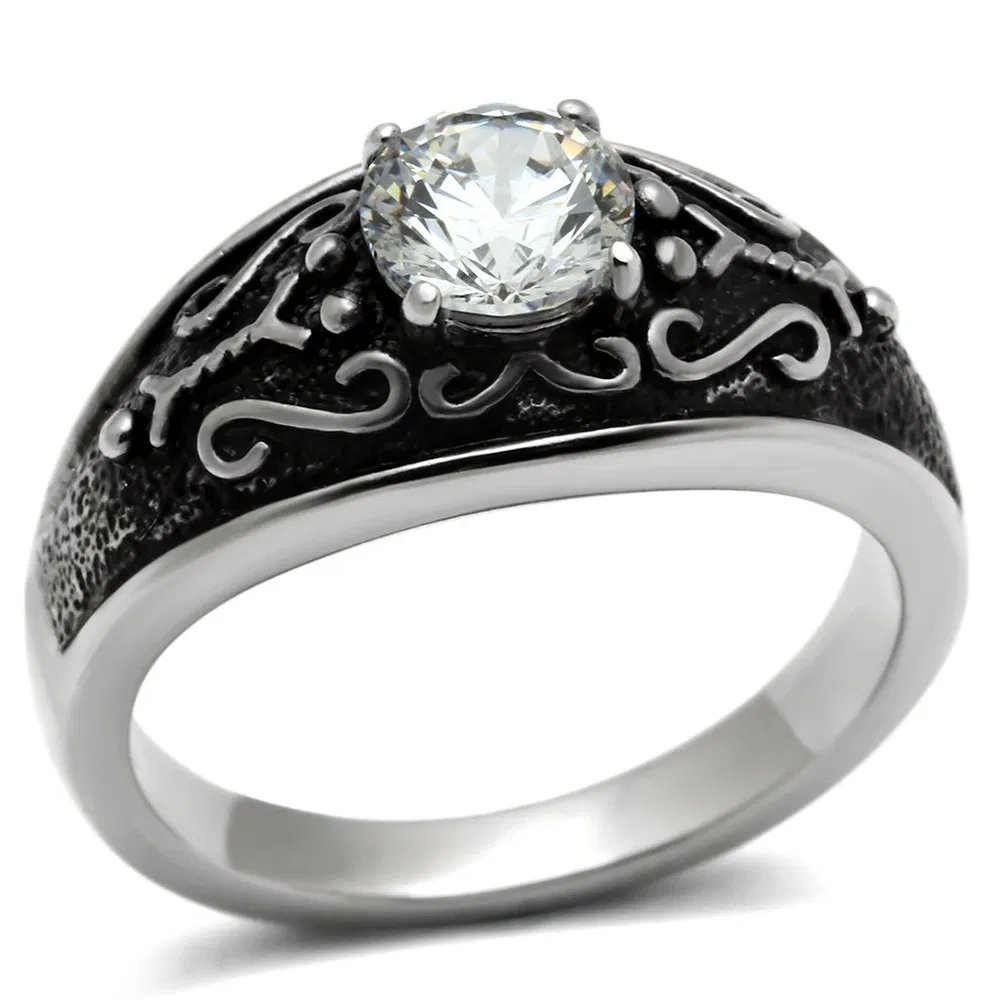 TK373 - High polished (no plating) Stainless Steel Ring with AAA Grade CZ in Clear - Grocery